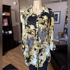 UPS & Downs baroque print long roll tab sleeves button up blouse-size L